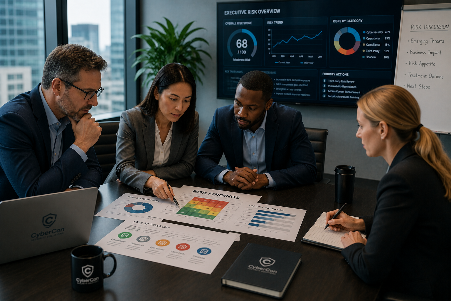 Cybersecurity assessment dashboard showing prioritized business risk and security maturity insights.