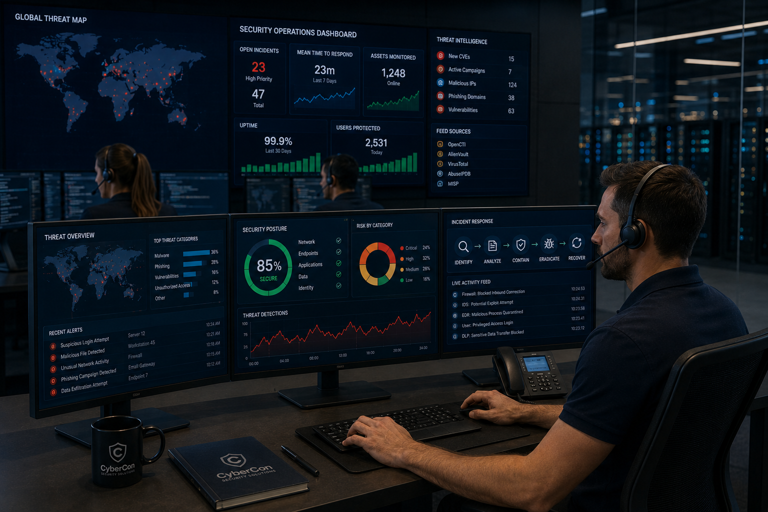 Managed security oversight dashboard showing executive metrics, priorities, and continuous improvement tracking.
