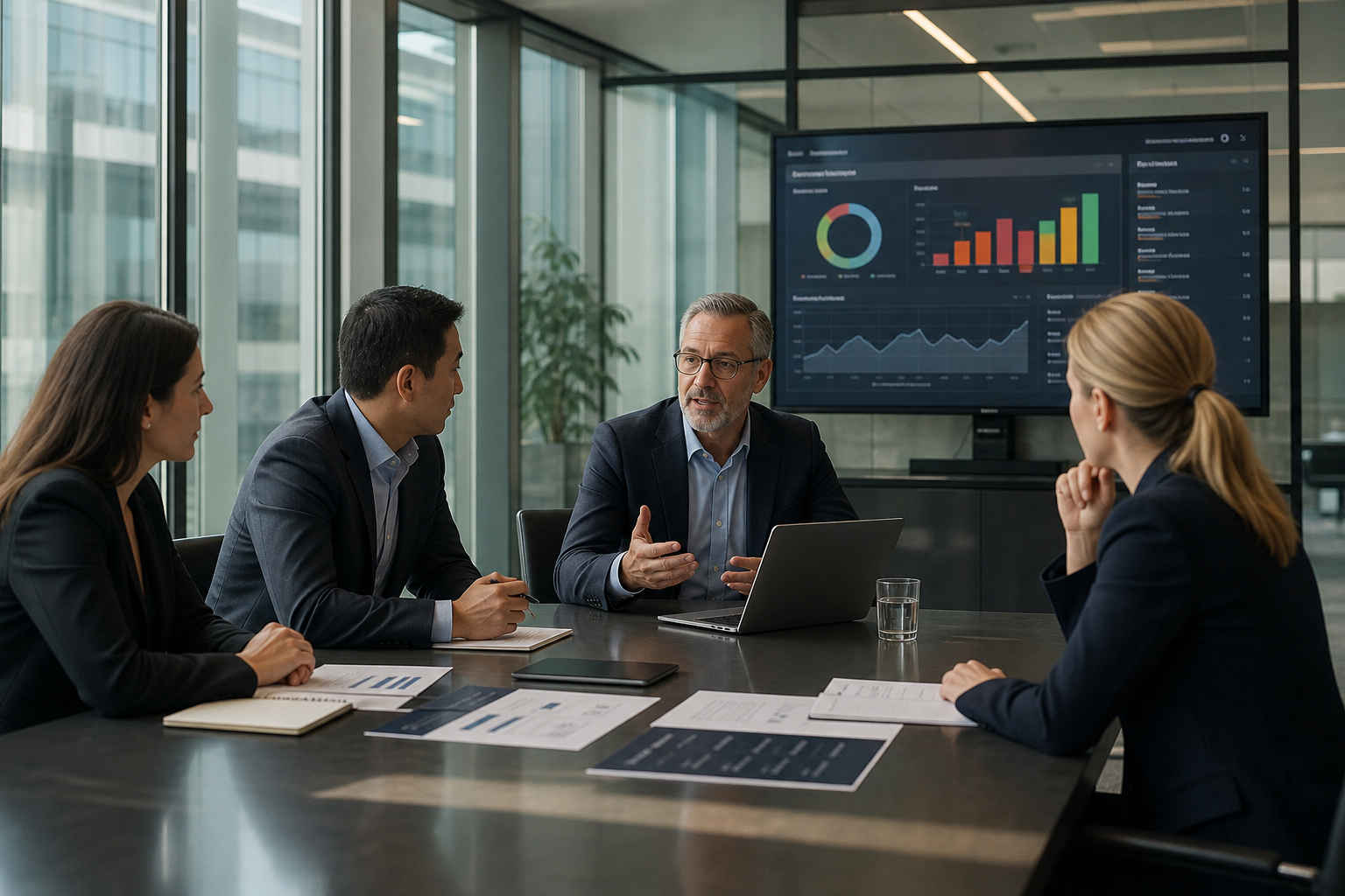 Business leaders discussing cybersecurity strategy during an executive consultation.